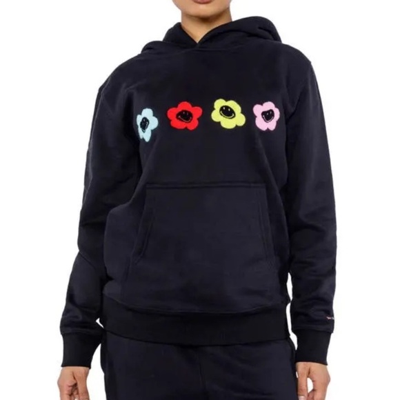 BSR BY SAMII RYAN SMILEY X CAUTION SMILES BLACK FLORAL HOODIE SWEATSHIRT MEDIUM - Picture 10 of 10